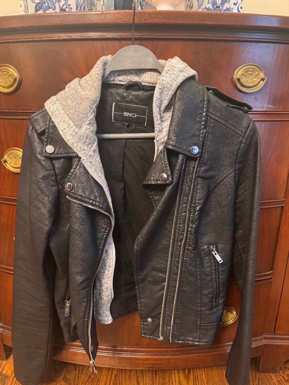 Black Faux Leather Moto Jacket with Knit Zip Out Hood
